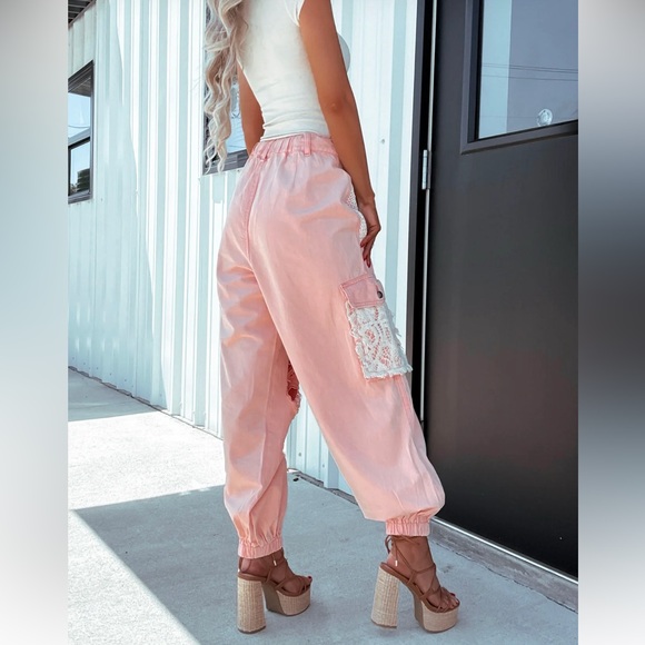 POL Clothing Peach Patchwork Crochet Lace Drawstring Distressed Jogger - Picture 8 of 10